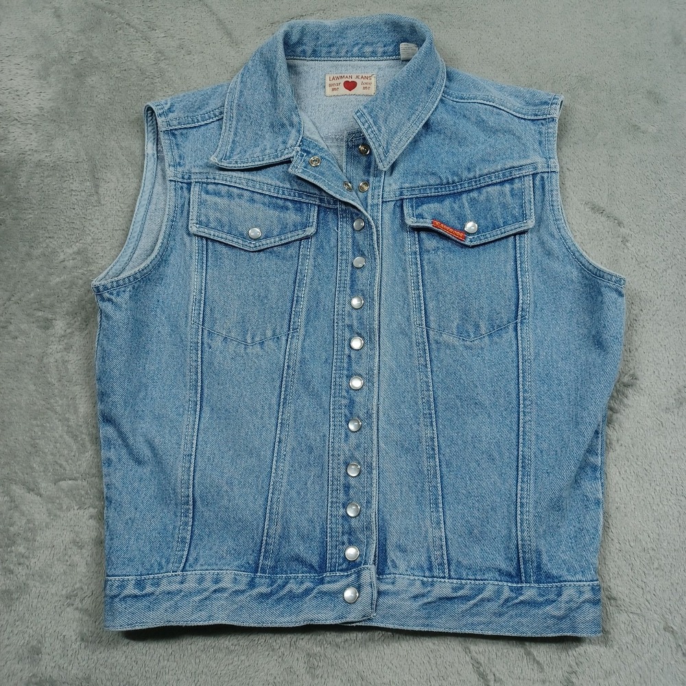 Vintage Lawman‎ Vest Womens Medium Blue Denim Pearl Snap Pockets Western
